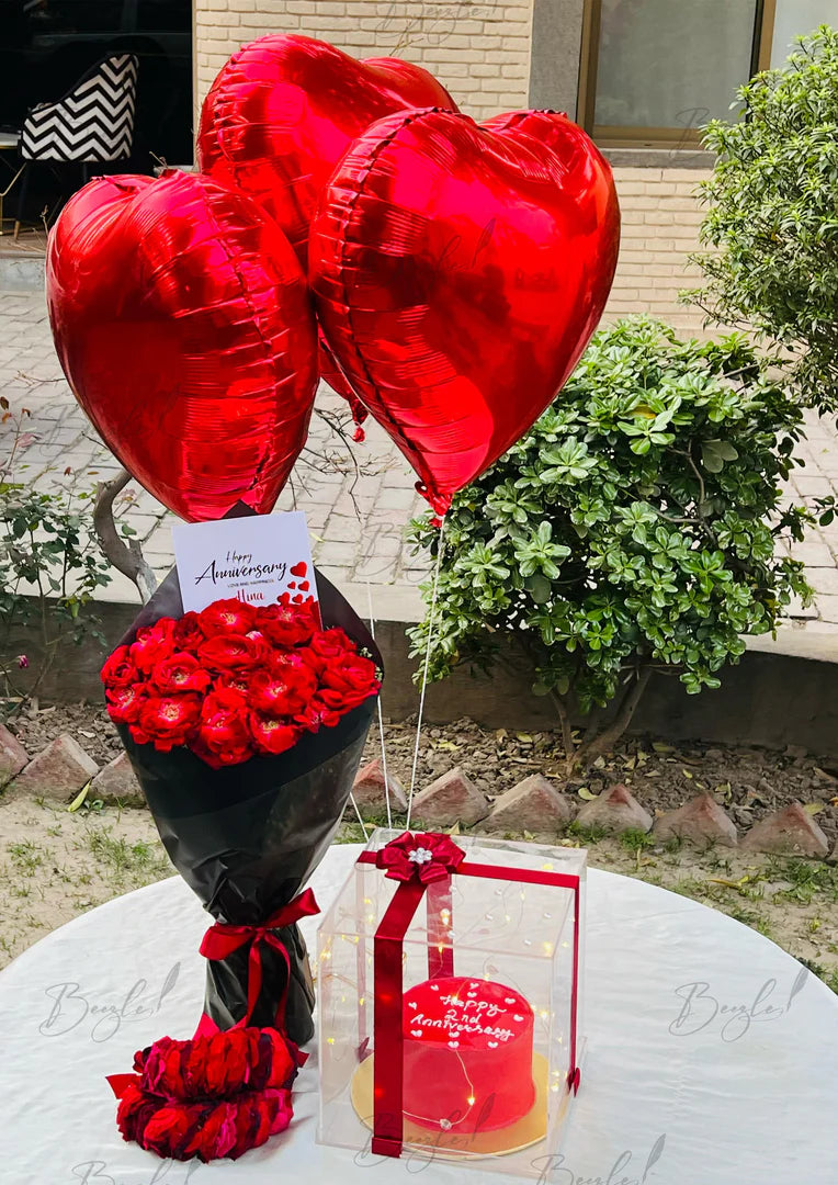 Romantic Gift Set with Red Roses, Cake & Balloons | ANN-001