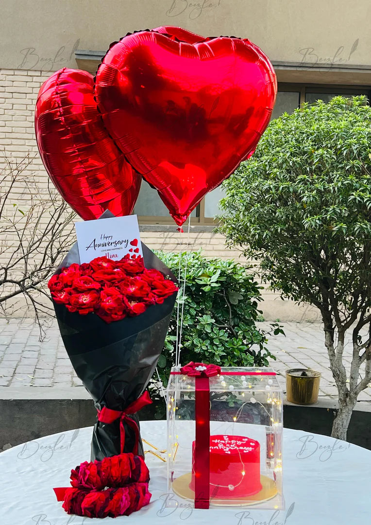 Romantic Gift Set with Red Roses, Cake & Balloons | ANN-001